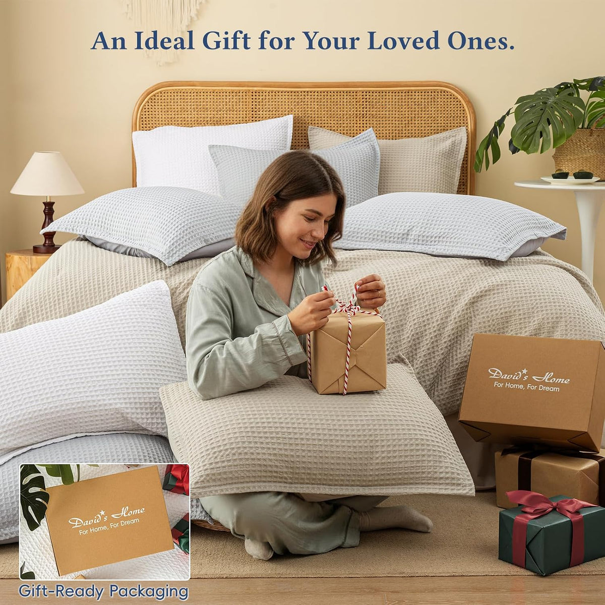 David's Home Textured Summer Waffle Weave Comforter Set, Queen, Linen