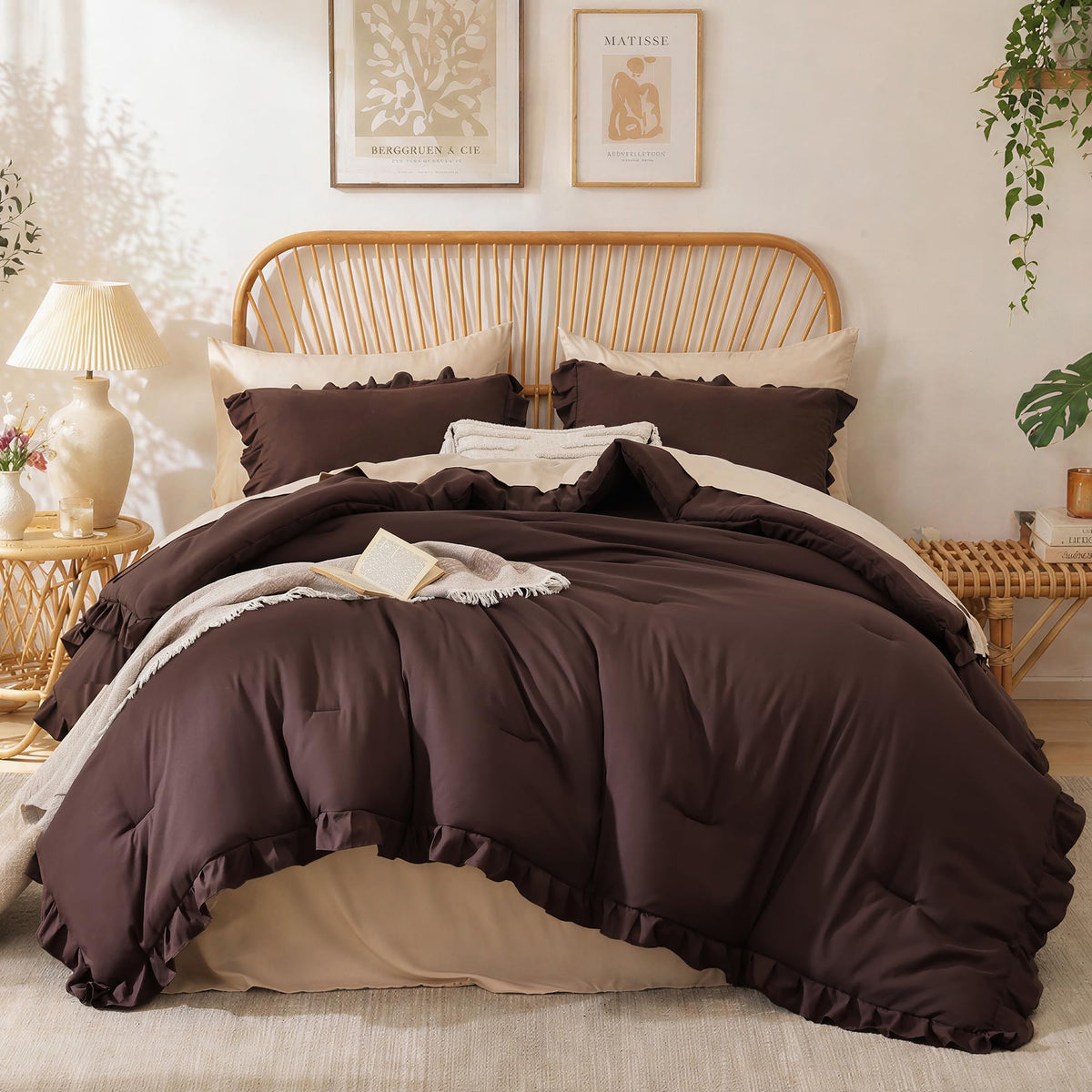 JANZAA Blush Pink Comforter Set Queen, Ruffle Soft Bedding