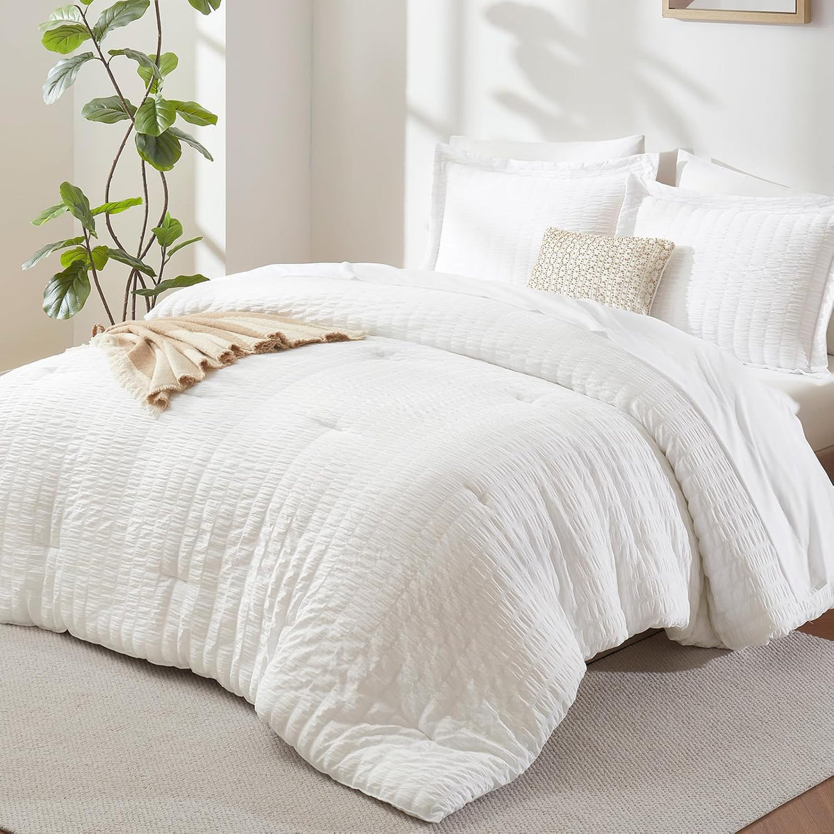 CozyLux Queen Comforter Set, 7 Pieces White Seersucker Bed in a Bag
