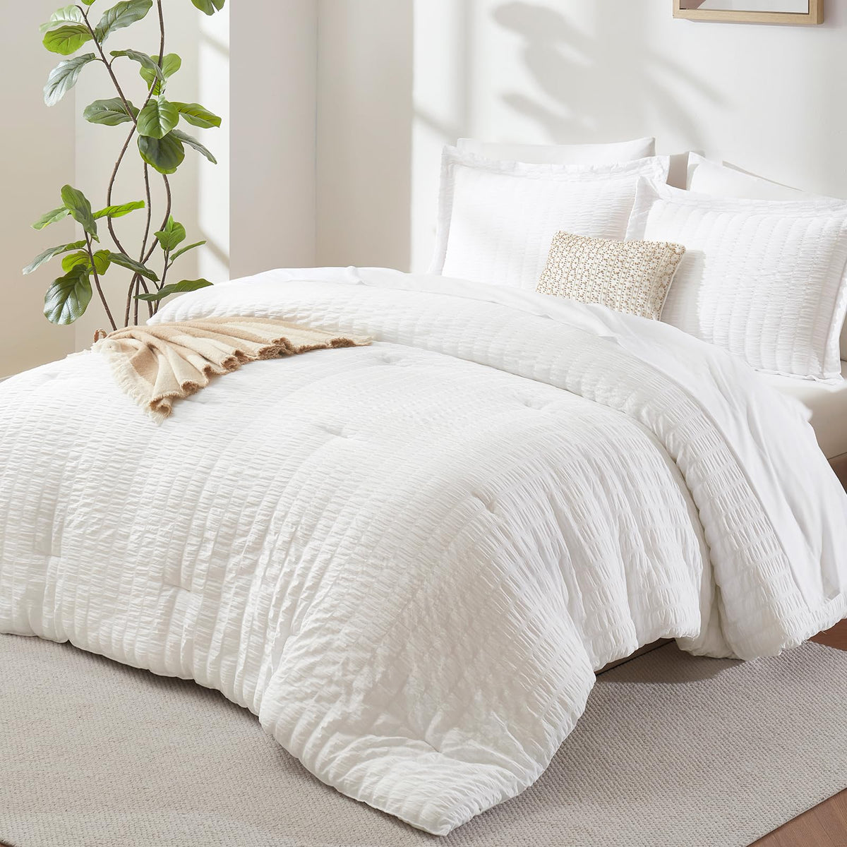 CozyLux Queen Comforter Set, 7 Pieces White Seersucker Bed in a Bag