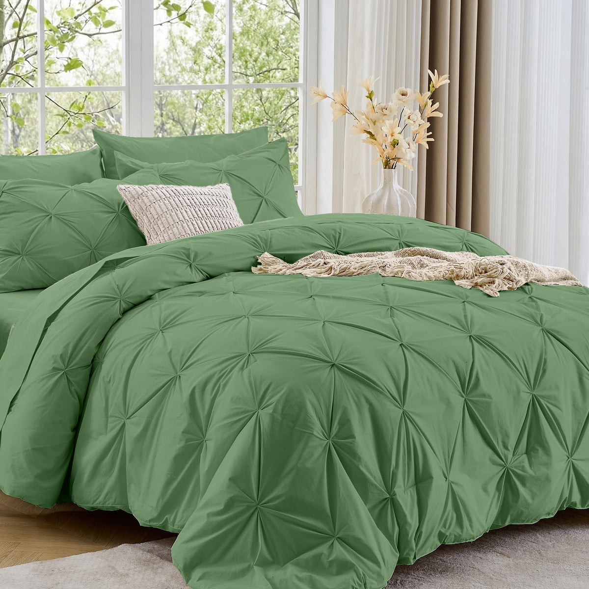 Sasttie Queen Comforter Set, 7-Piece Bed in a Bag, Pintuck Bedding Sets for All Season, Includes Comforter, Flat Sheet, Fitted Sheet, Pillowcases and Pillowshams, Beige