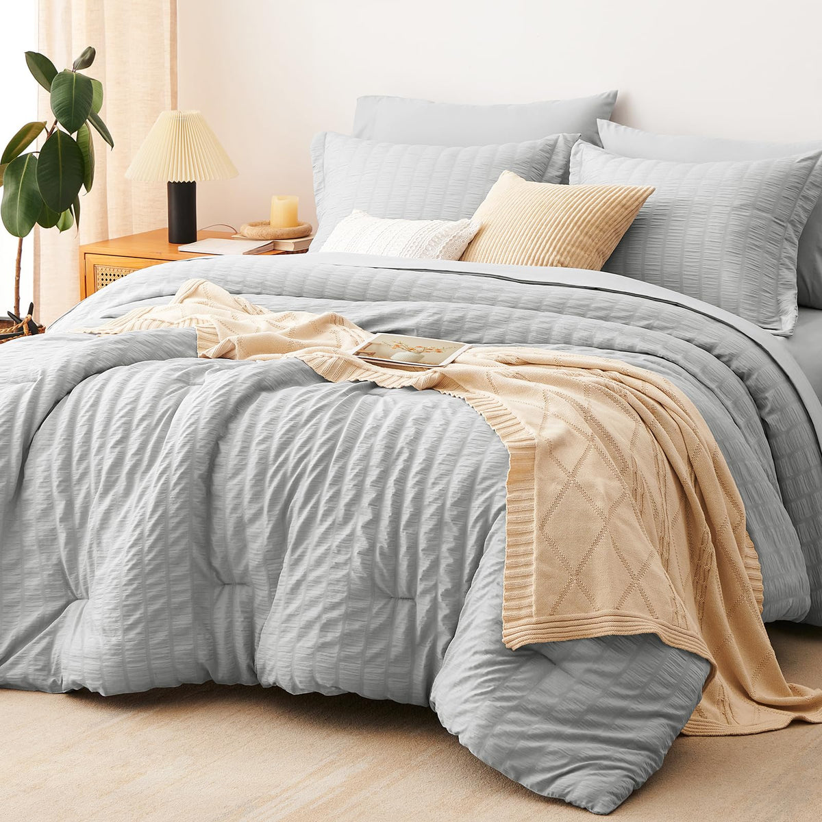 CozyLux Queen Comforter Set, 7 Pieces White Seersucker Bed in a Bag
