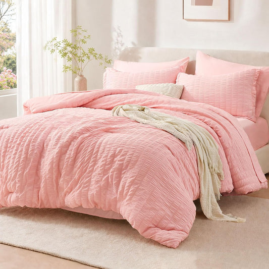 FUANNA Queen Comforter Set 7 Pieces, Pink Bed Set, Seersucker Bed in a Bag