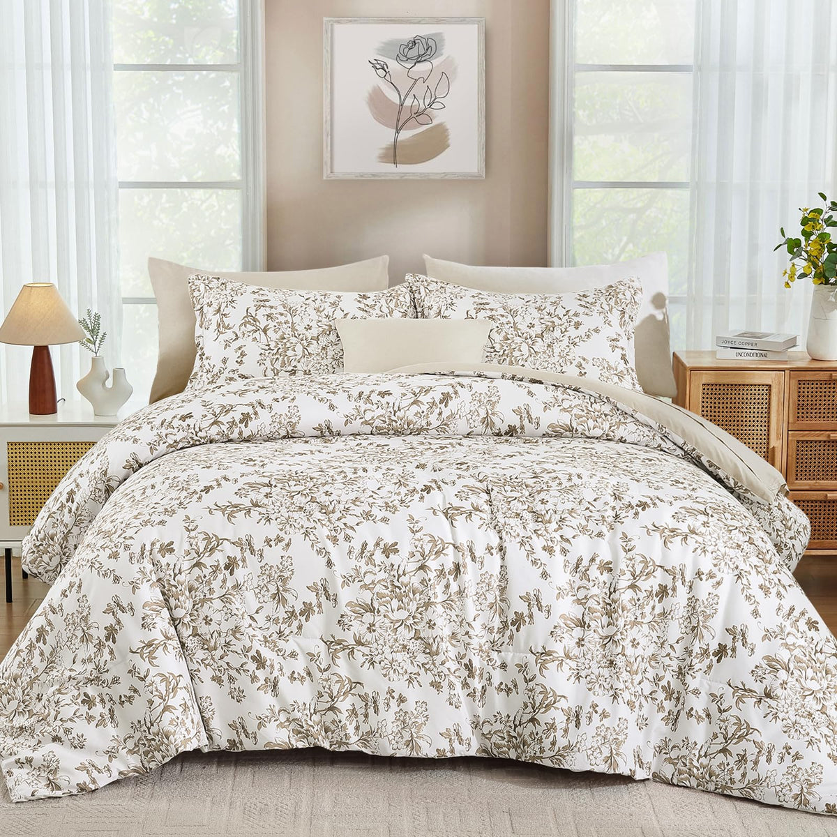 WONGS BEDDING 8 Pieces King Size Comforter Set Green,Sage Green Floral Bed in a Bag Comforter Sets, Soft Reversible Botanical Flowers Bedding Sets for All Season (90"x104")