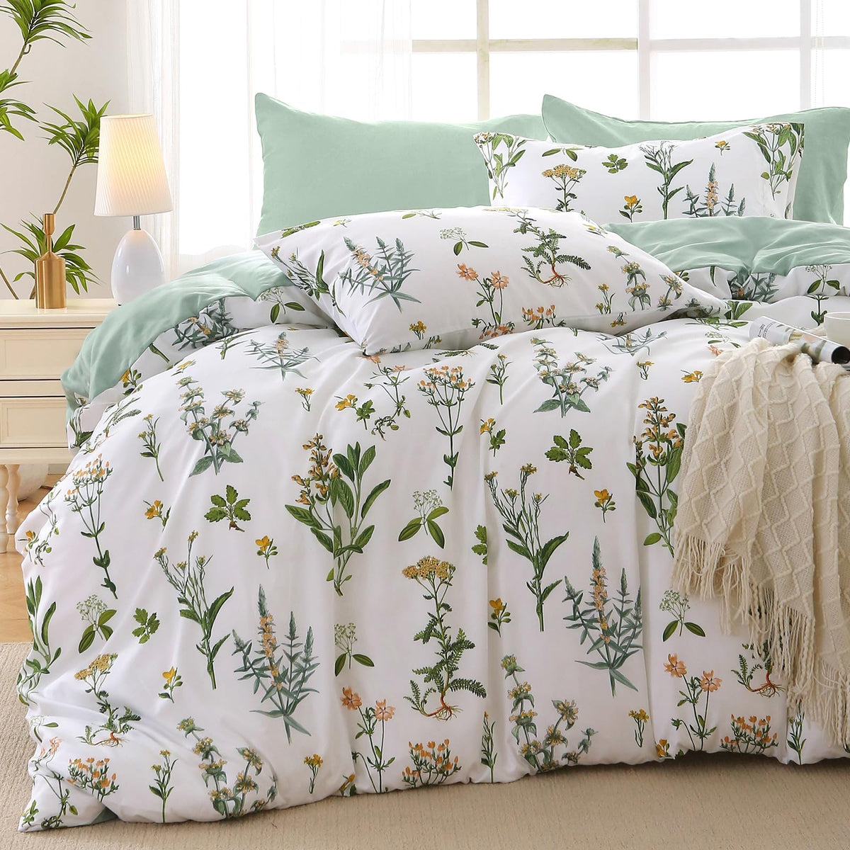 MUXHOMO Queen Comforter Set 7 Pieces, Sage Green Bed in a Bag Queen Reversible Botanical Flowers Design, Ultra Soft & Breathable Bedding Sets with Comforter, Sheets, Pillowcases & Shams