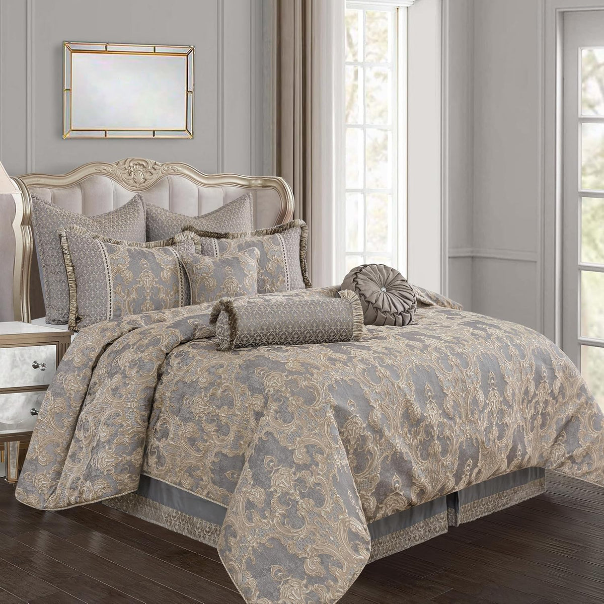 Loom and Mill 9-Piece Luxury Jacquard Comforter Set, Gray+Beige Brown, King