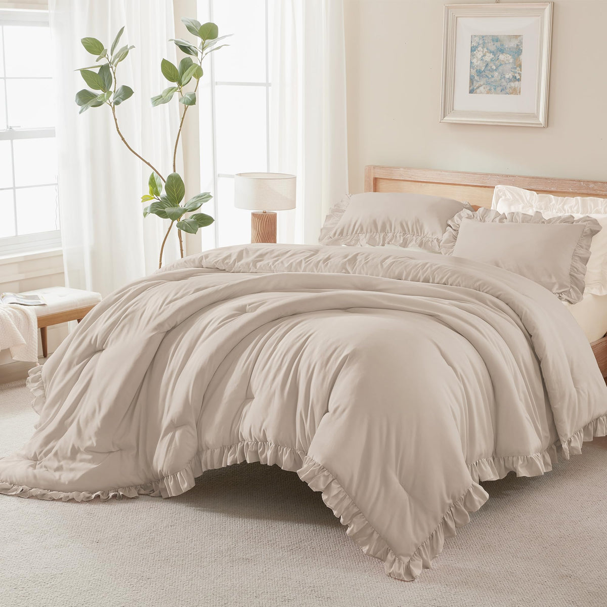 Andency White Comforter Set Queen Size, 3 Pieces Ruffle Farmhouse Bed Set