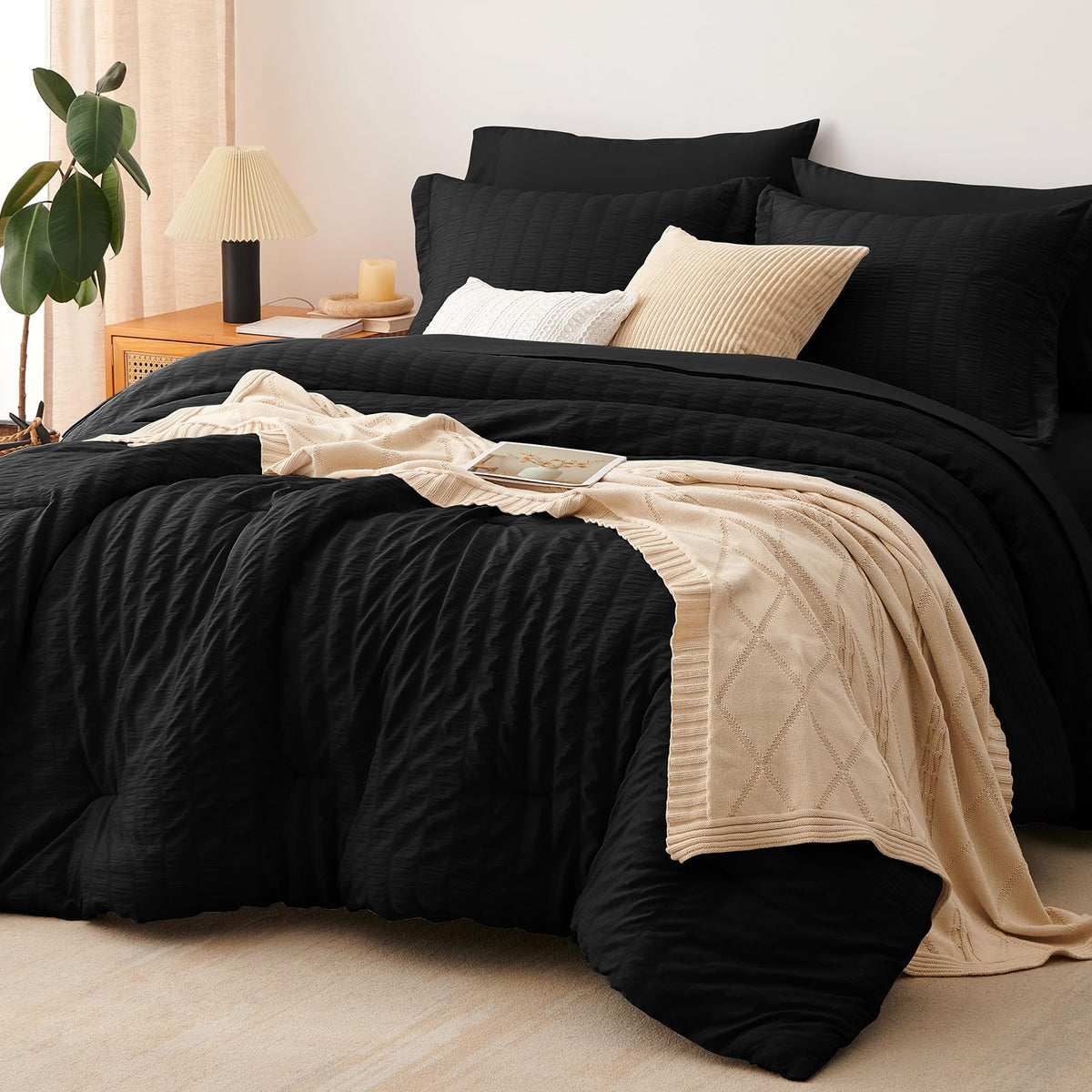 CozyLux Queen Comforter Set, 7 Pieces White Seersucker Bed in a Bag