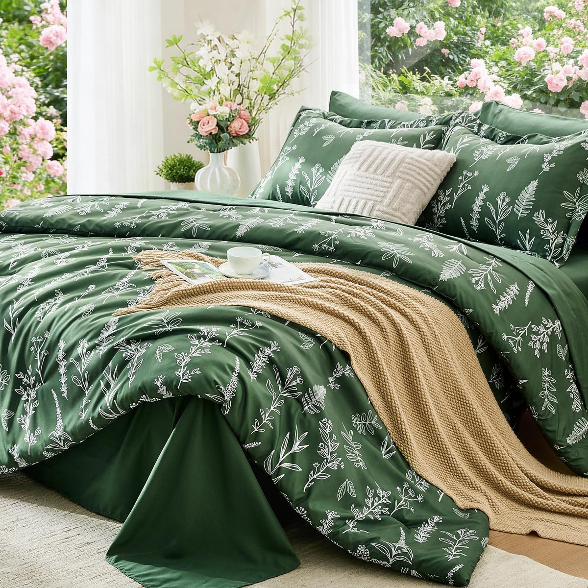 MUXHOMO Queen Comforter Set 7 Pieces, Sage Green Bed in a Bag Queen Reversible Botanical Flowers Design, Ultra Soft & Breathable Bedding Sets with Comforter, Sheets, Pillowcases & Shams