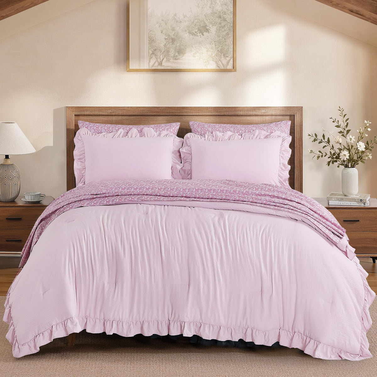 BLOOMHAVEN Queen Comforter Set-7 Pieces Ruffle Bedding with Floral Sheet