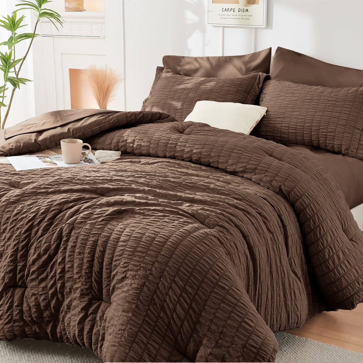HYMOKEGE Queen Comforter Set Seersucker 7 Pieces, All Season Luxury Bed in a Bag for Bedroom, Bedding Set with Comforters, Sheets, Pillowcases & Shams, Dark Grey
