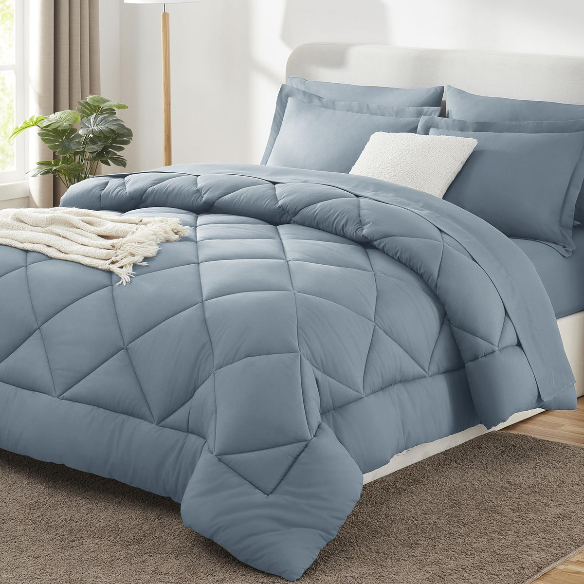 CozyLux Queen Comforter Set 88"x88" Dark Grey - 7 Piece Bed in a Bag