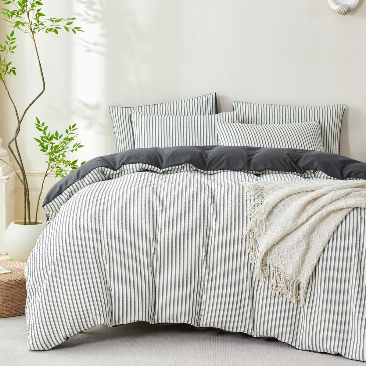 Black Grid Comforter Set Queen Soft Luxury Washed Microfiber 3 Pieces Bedding Set, White Grey Grid Pattern Comforter with 2 Pillowcases Breathable Durable Comfy