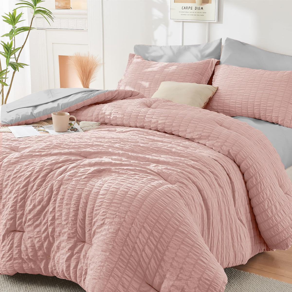 HYMOKEGE Queen Comforter Set Seersucker 7 Pieces, All Season Luxury Bed in a Bag for Bedroom, Bedding Set with Comforters, Sheets, Pillowcases & Shams, Dark Grey