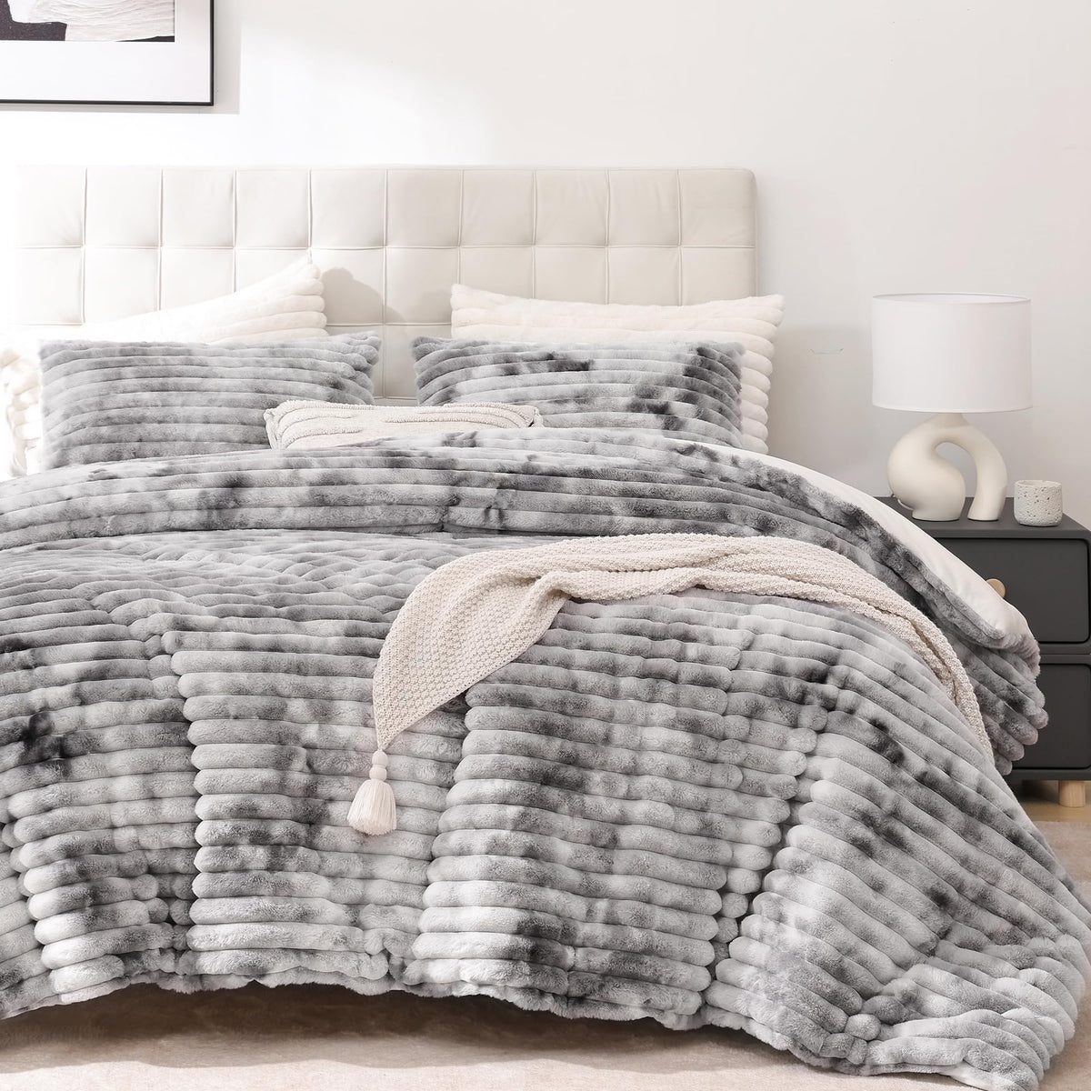 Smoofy Fluffy Queen Size Comforter 3 PCS - Tie Dye Grey Fleece Bedding Set