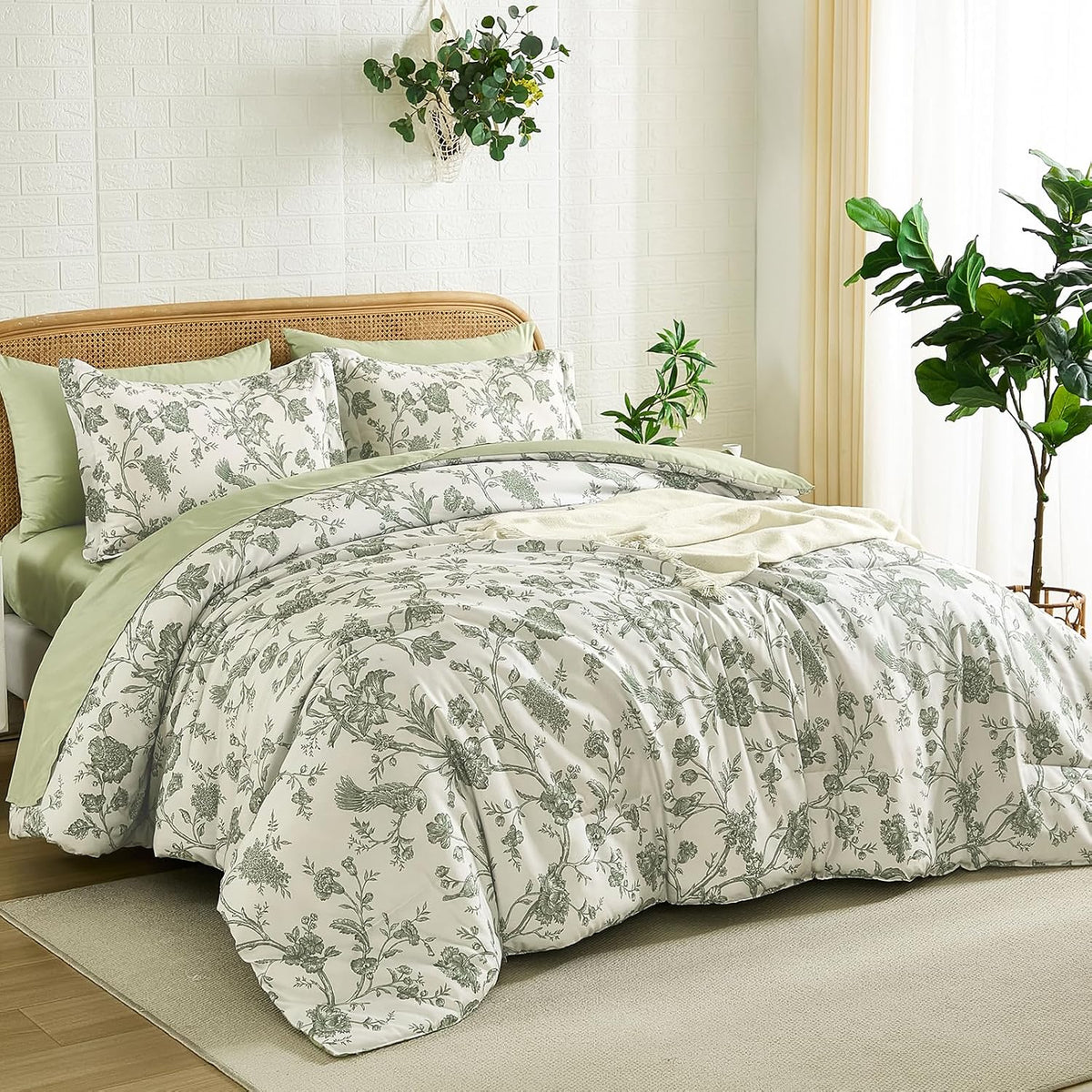 Luxudecor Sage Green Floral Queen Comforter Set, 7 Pieces Bed in a Bag