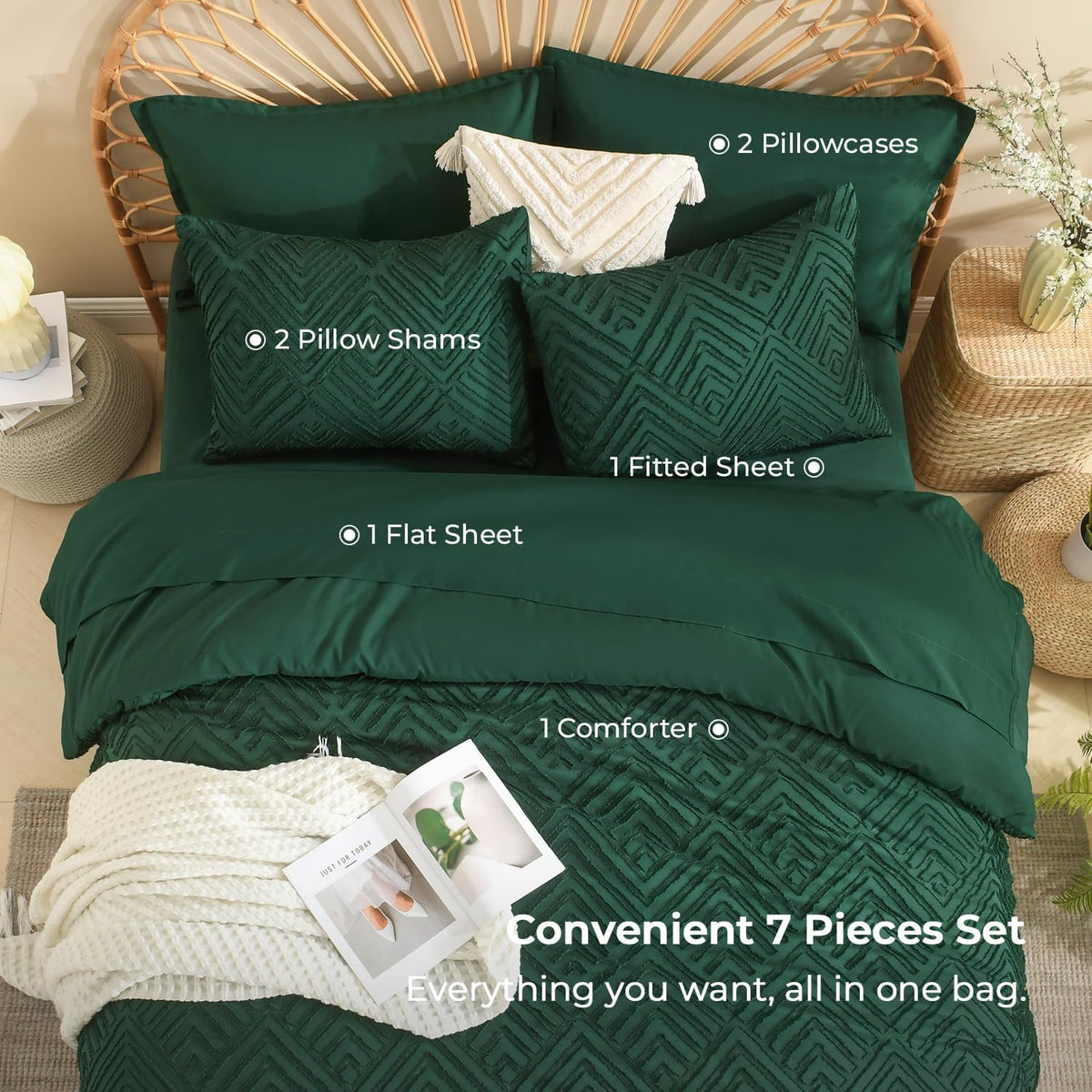 Andency King Size Comforter Set, Dark Emerald Green, 7 Pieces