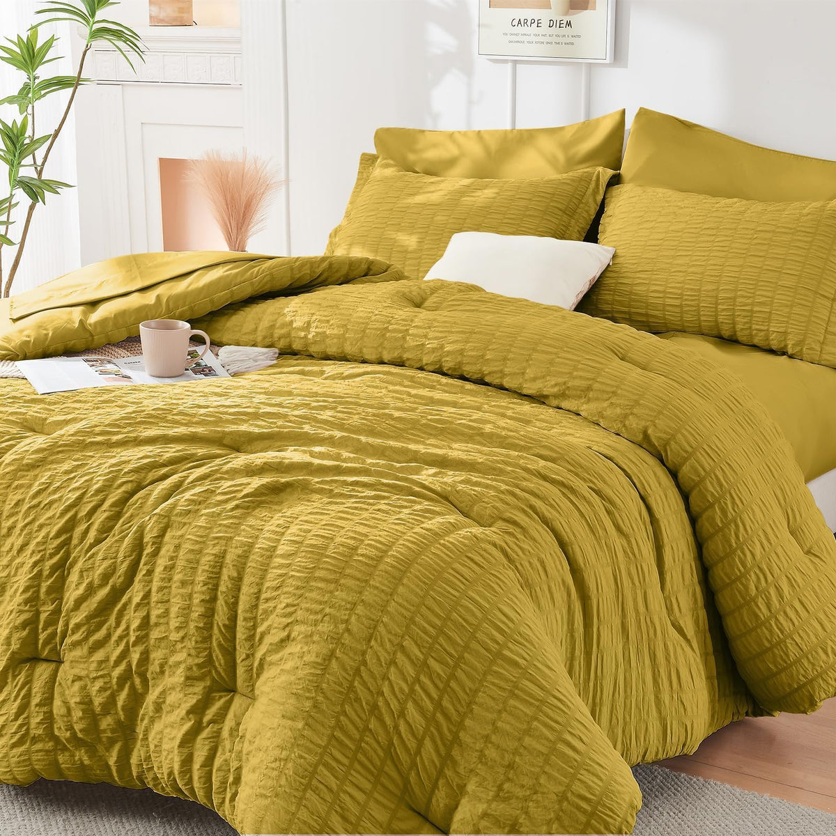 HYMOKEGE Queen Comforter Set Seersucker 7 Pieces, All Season Luxury Bed in a Bag for Bedroom, Bedding Set with Comforters, Sheets, Pillowcases & Shams, Dark Grey