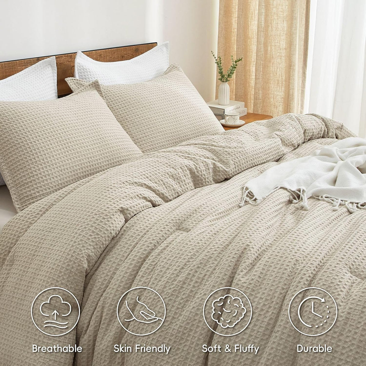 PHF Ultra Soft Waffle Comforter Set 3 Pieces Queen, Linen