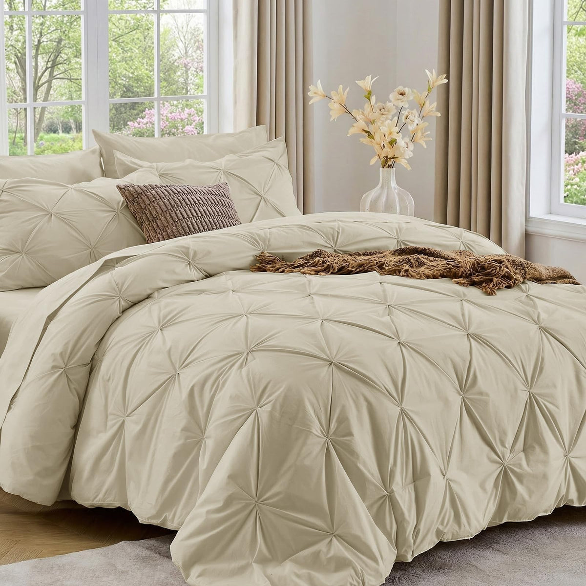 Sasttie Queen Comforter Set, 7-Piece Bed in a Bag, Pintuck Bedding Sets for All Season, Includes Comforter, Flat Sheet, Fitted Sheet, Pillowcases and Pillowshams, Beige