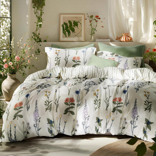Bedsure Floral Queen Comforter Set, White Breathable Fall Bedding 3 Pcs