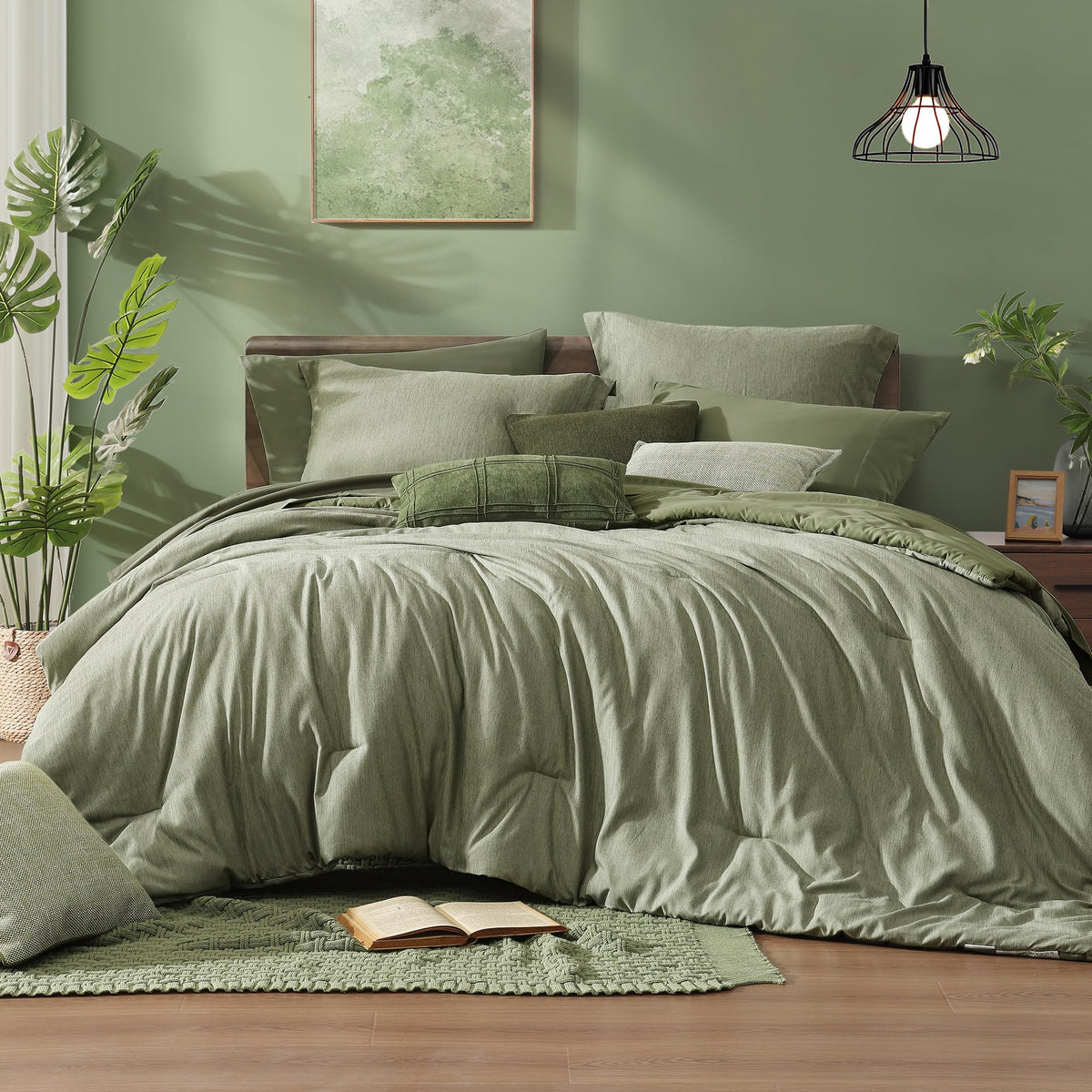 Monbix Queen Comforter Set 7 Pieces Cationic Green Bed in a Bag
