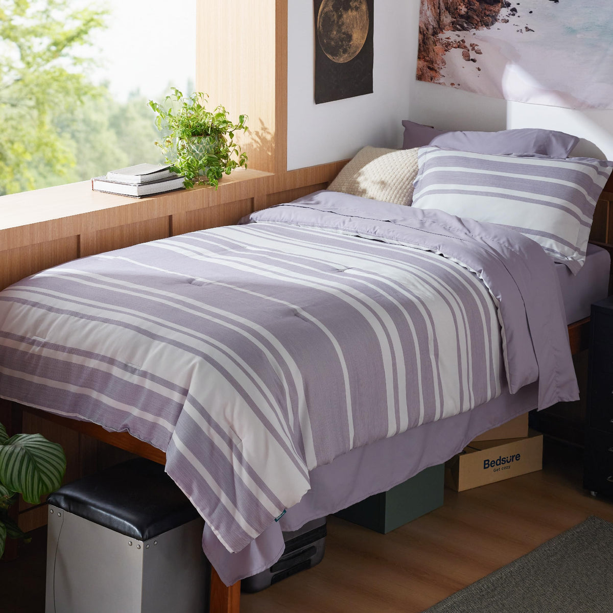 Bedsure Queen Comforter Set, Blue Striped Bedding Set, 7 Piece