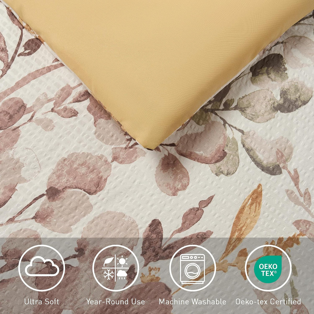 Lightweight Seersucker Botanical Comforter Set Queen Size, 9 Pieces Reversible Design Bed in A Bag Set, Premium Microfiber Bedding Set, Brown