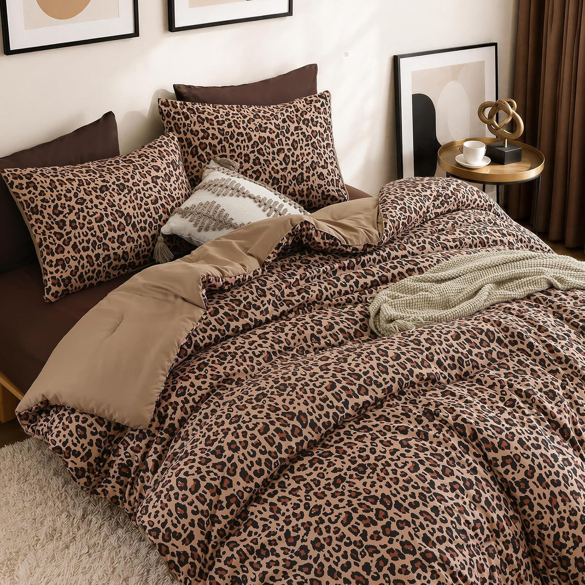 Cheetah Print Comforter Set Queen, Luxury Leopard Print Bedding, Brown