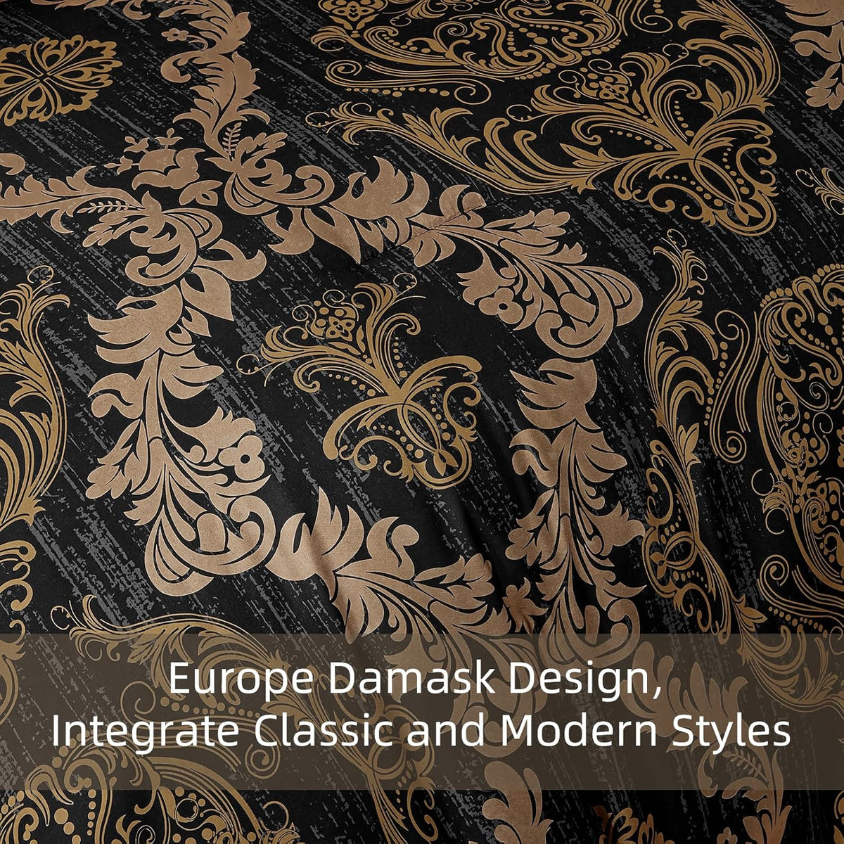 WONGS BEDDING Black Comforter Set King Size, Gold Damask Texture 7 Pieces Bed in a Bag Microfiber Comforter Bedding Sets -1 Comforter, 1 Flat Sheet, 1 Fitted Sheet, 2 Pillow Shams, 2 Pillowcases