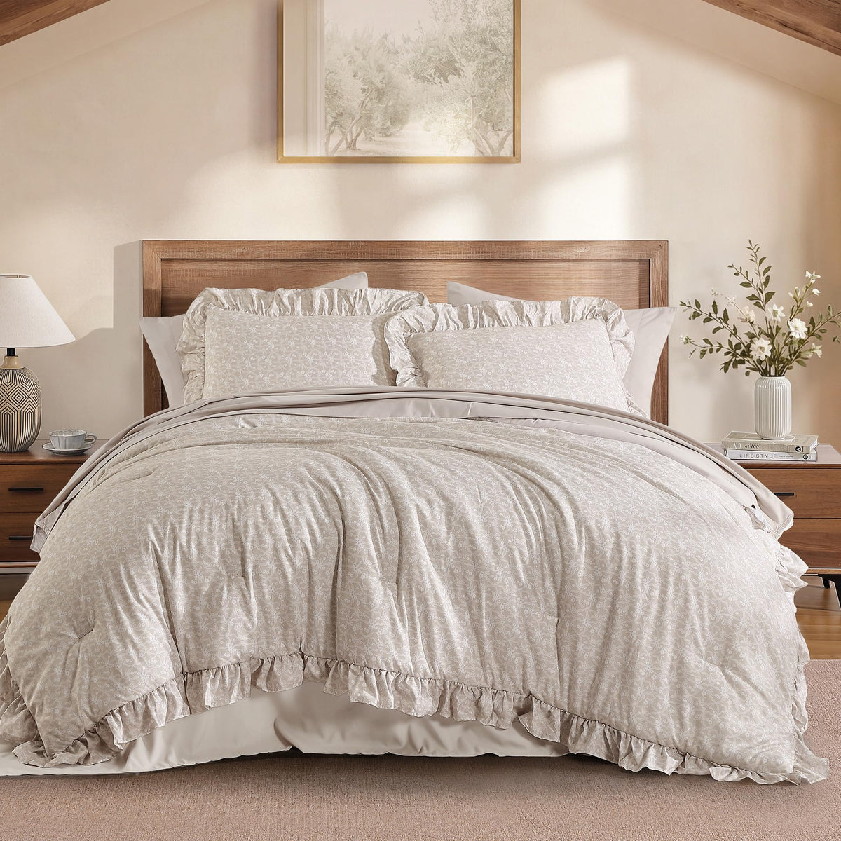 BLOOMHAVEN Queen Comforter Set-7 Pieces Ruffle Bedding with Floral Sheet