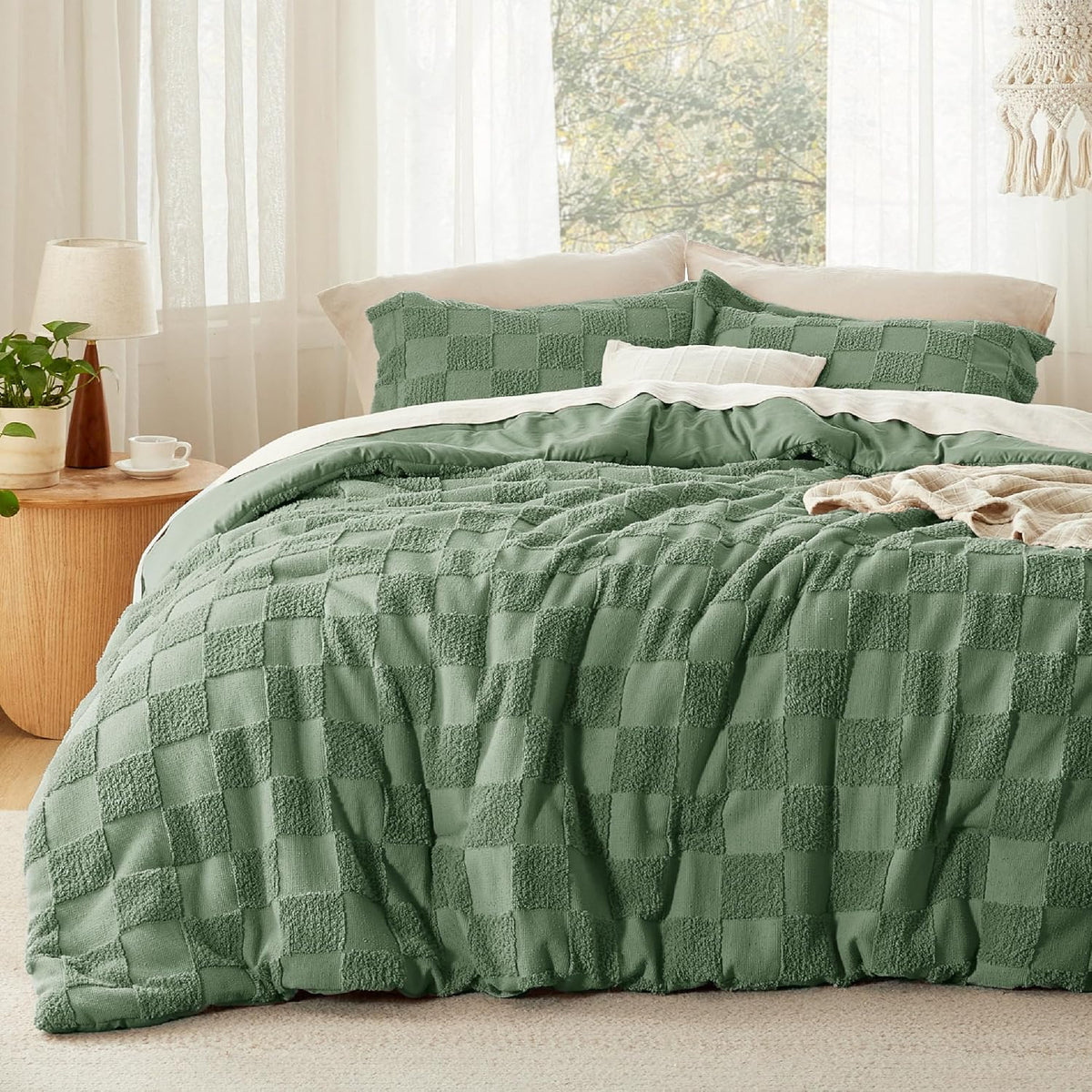 Bedsure Comforters Queen Set Boho, Vintage Plaid Bedding Set Beige 3 Pcs