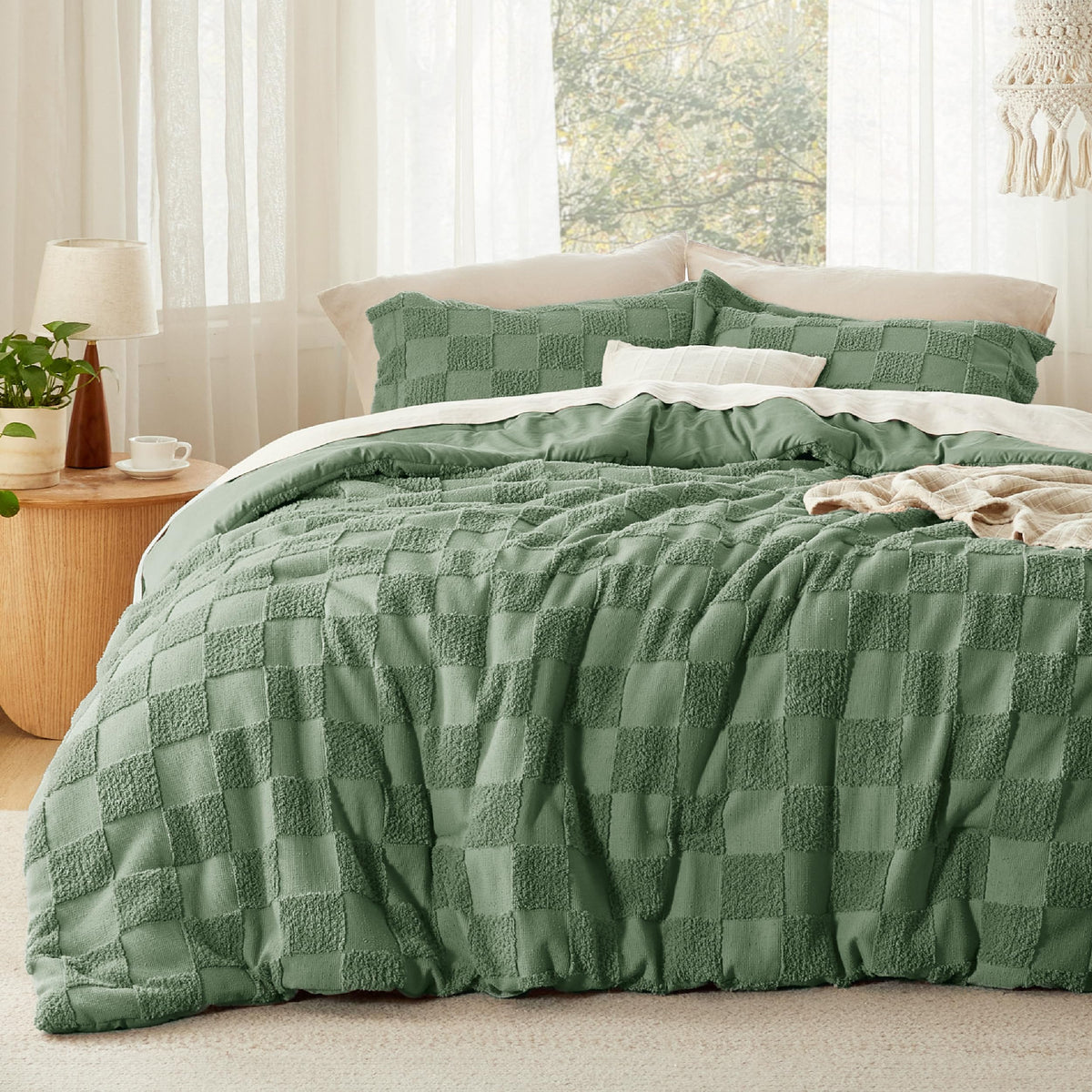 Bedsure Comforters Queen Set Boho, Vintage Plaid Bedding Set Beige 3 Pcs