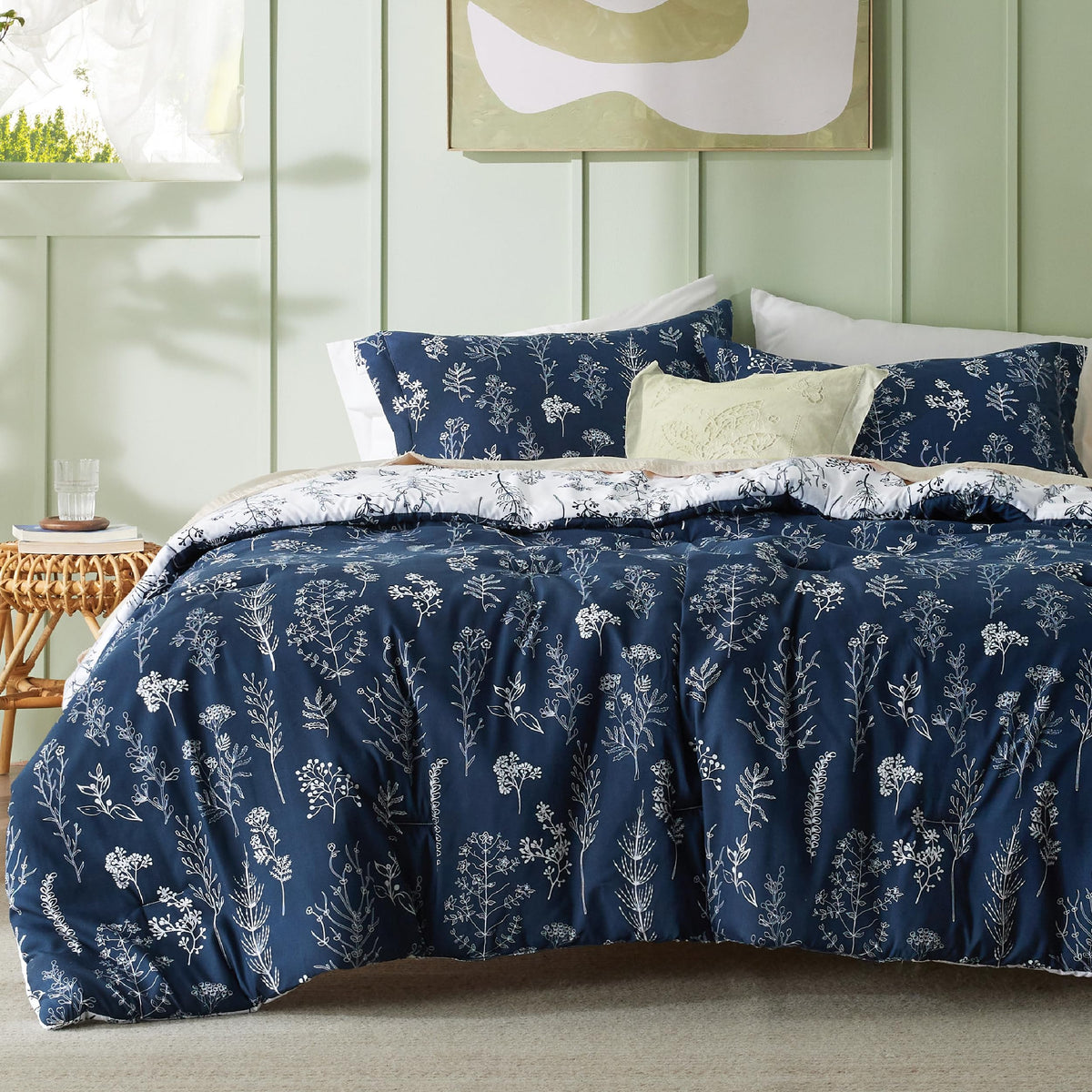 Bedsure Floral Comforter Set Cute Bedding Set Queen Reversible Sage Green