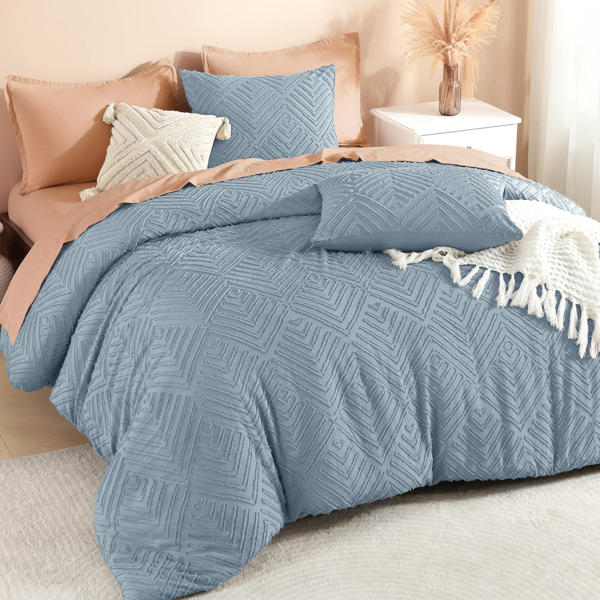Litanika California King Comforter Set, 3 Pcs Beige Tufted Boho Bedding Set