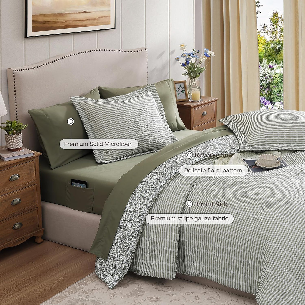 BLOOMHAVEN Queen Comforter Set-7 Pieces Green Plaid Floral Bedding Set