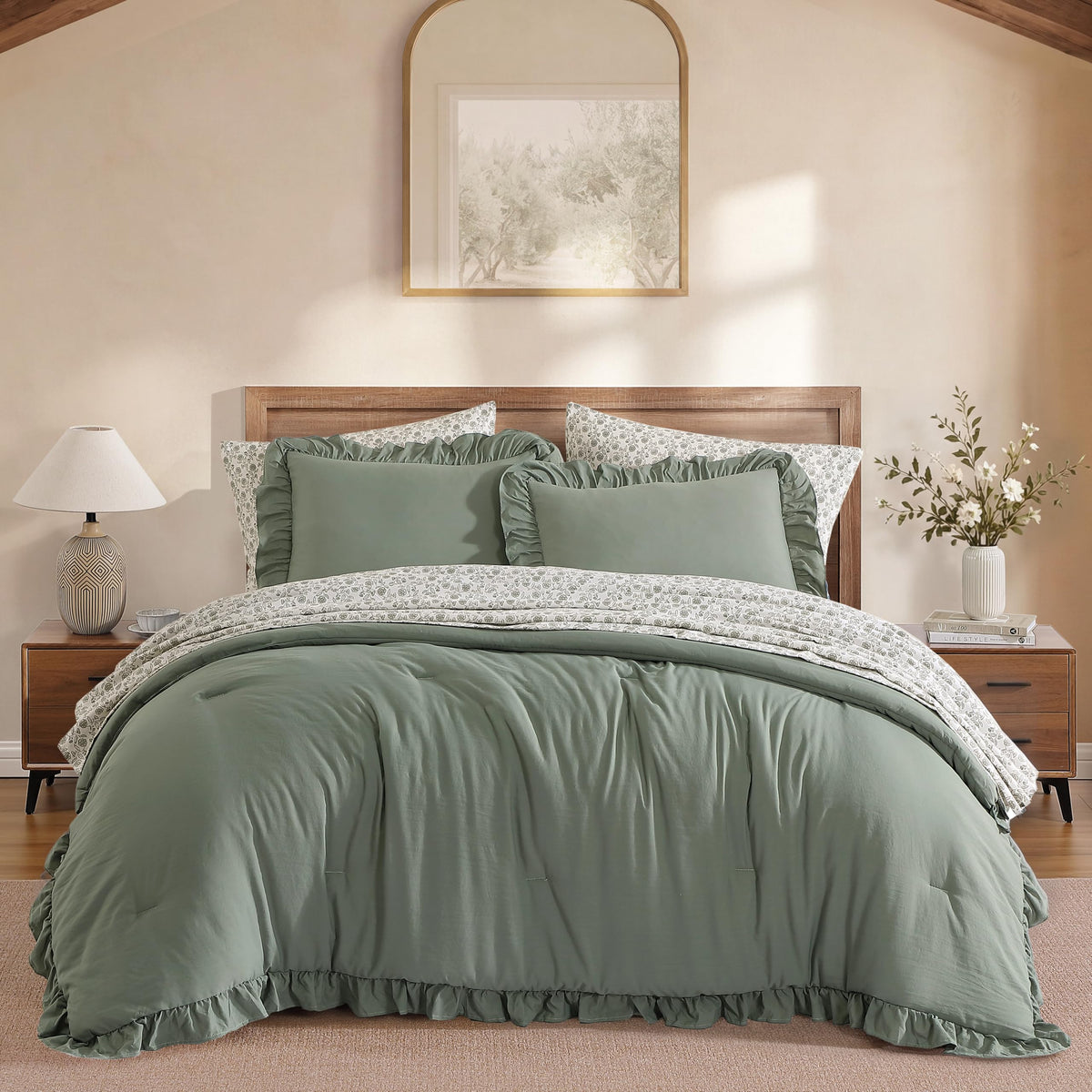 BLOOMHAVEN Queen Comforter Set-7 Pieces Ruffle Bedding with Floral Sheet