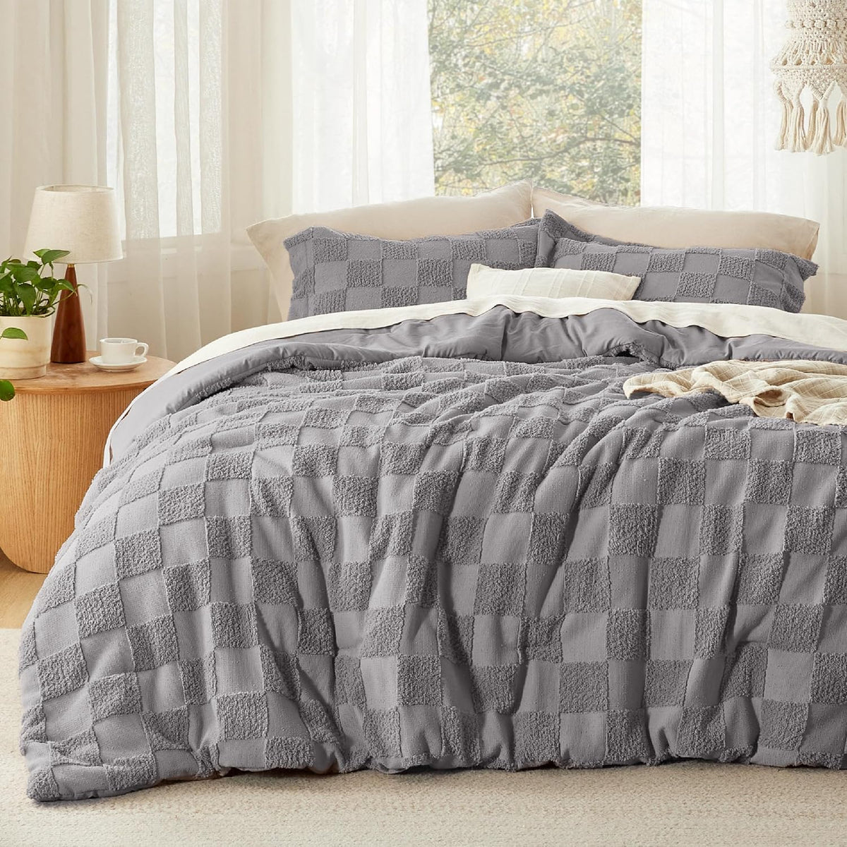 Bedsure Comforters Queen Set Boho, Vintage Plaid Bedding Set Beige 3 Pcs
