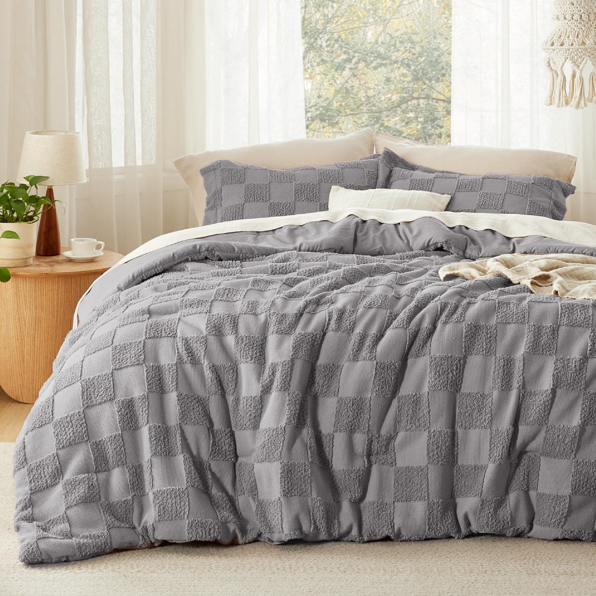 Bedsure Comforters Queen Set Boho, Vintage Plaid Bedding Set Beige 3 Pcs
