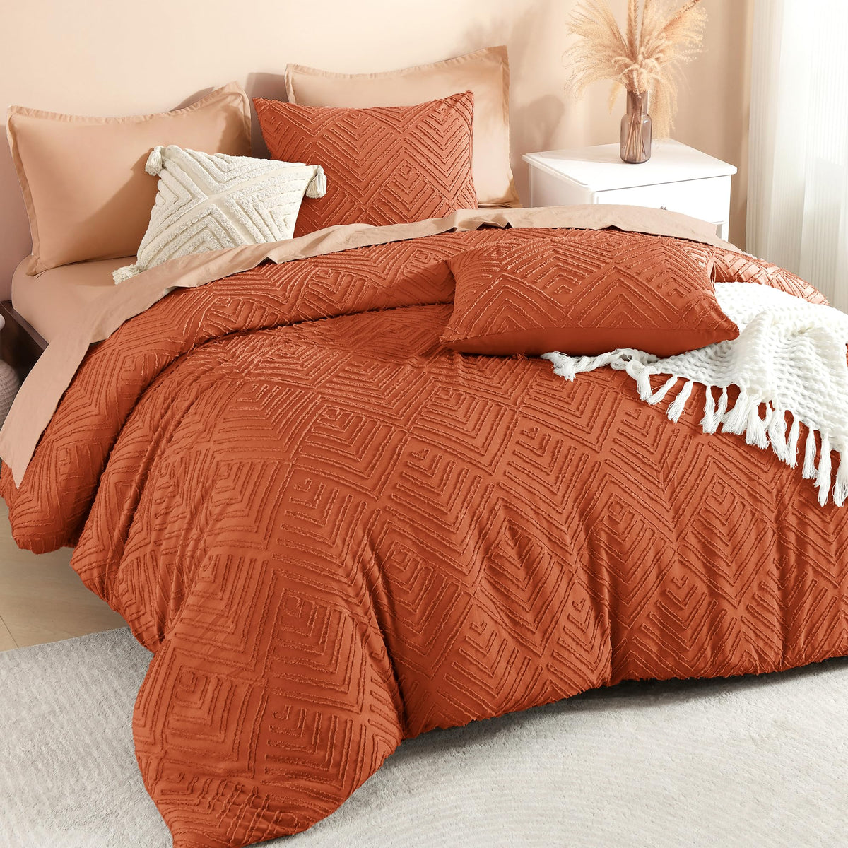 Litanika California King Comforter Set, 3 Pcs Beige Tufted Boho Bedding Set