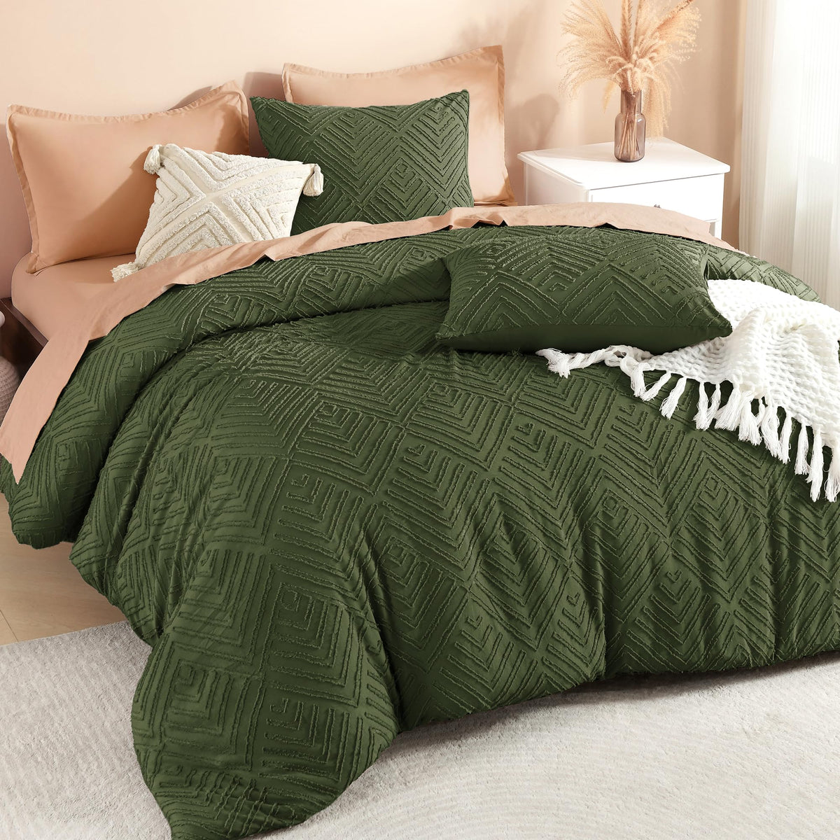 Litanika California King Comforter Set, 3 Pcs Beige Tufted Boho Bedding Set