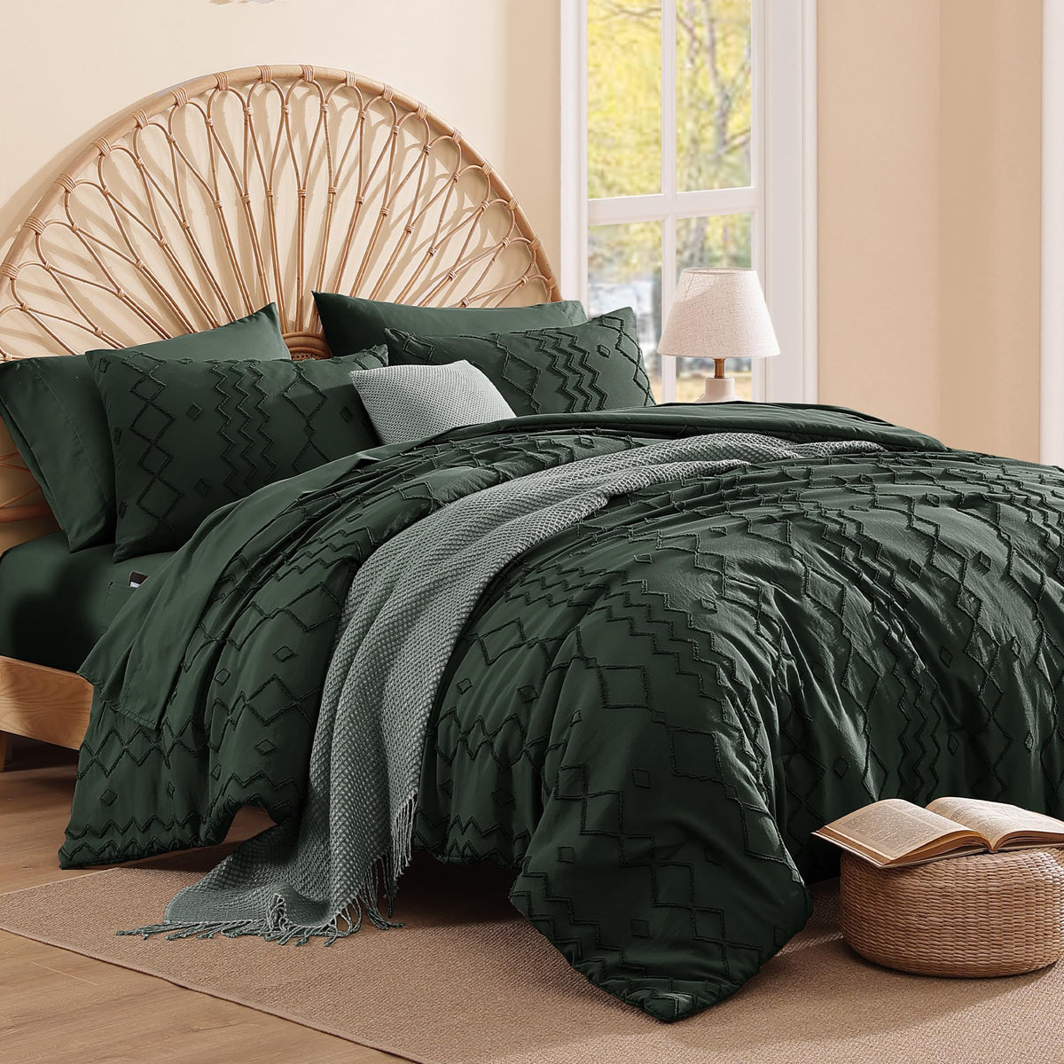 King Size Comforter Set Beige Tufted Boho Bedding Sets Farmhouse 7 Pieces