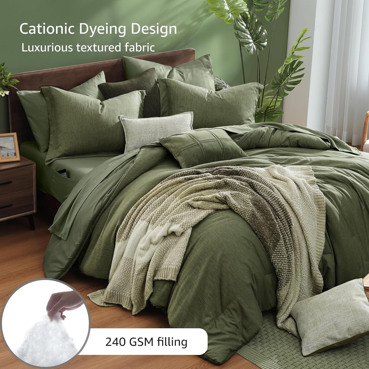 Monbix Queen Comforter Set 7 Pieces Cationic Green Bed in a Bag