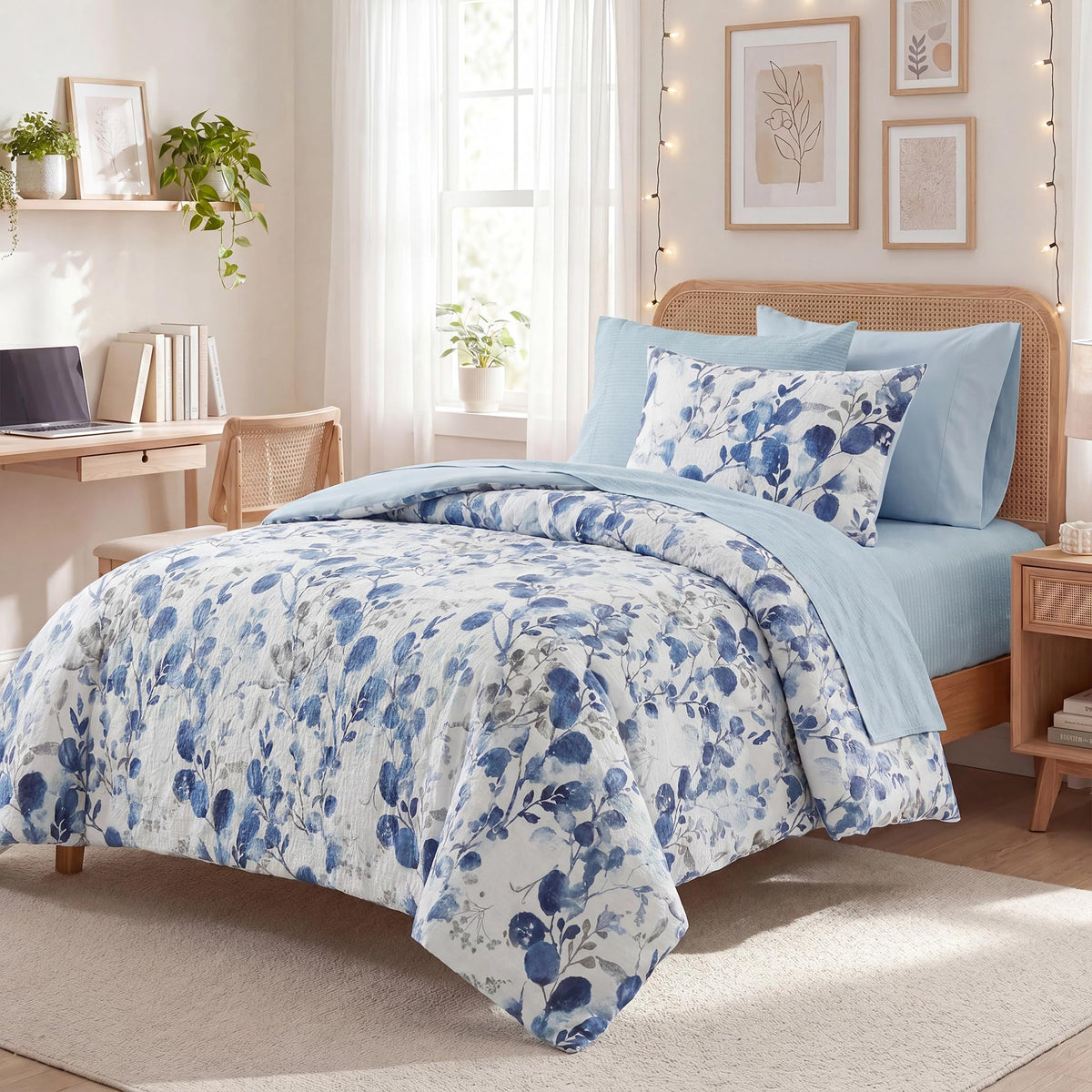 Lightweight Seersucker Botanical Comforter Set Queen Size, 9 Pieces Reversible Design Bed in A Bag Set, Premium Microfiber Bedding Set, Brown