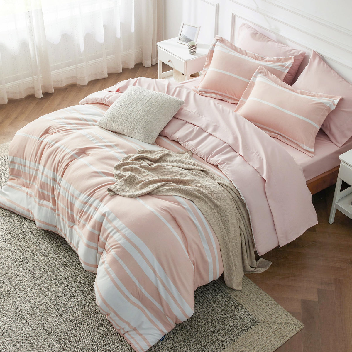 Bedsure Queen Comforter Set, Blue Striped Bedding Set, 7 Piece