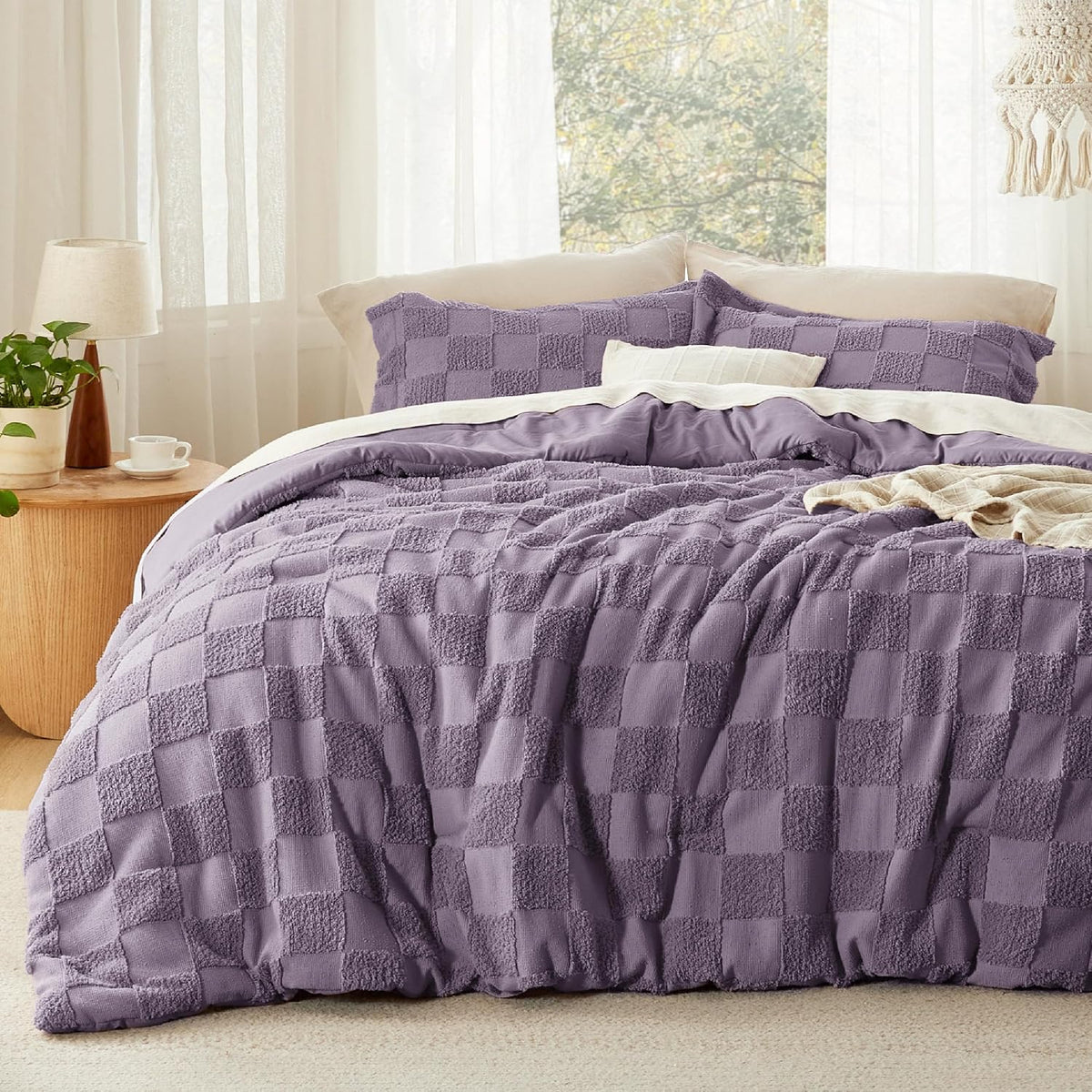 Bedsure Comforters Queen Set Boho, Vintage Plaid Bedding Set Beige 3 Pcs