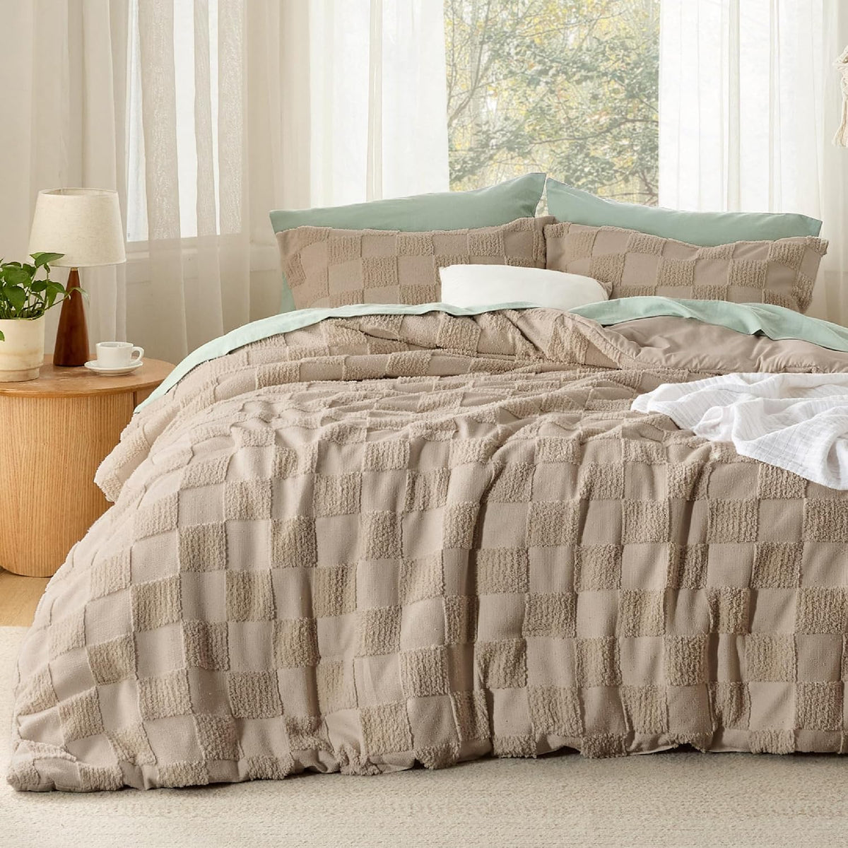 Bedsure Comforters Queen Set Boho, Vintage Plaid Bedding Set Beige 3 Pcs