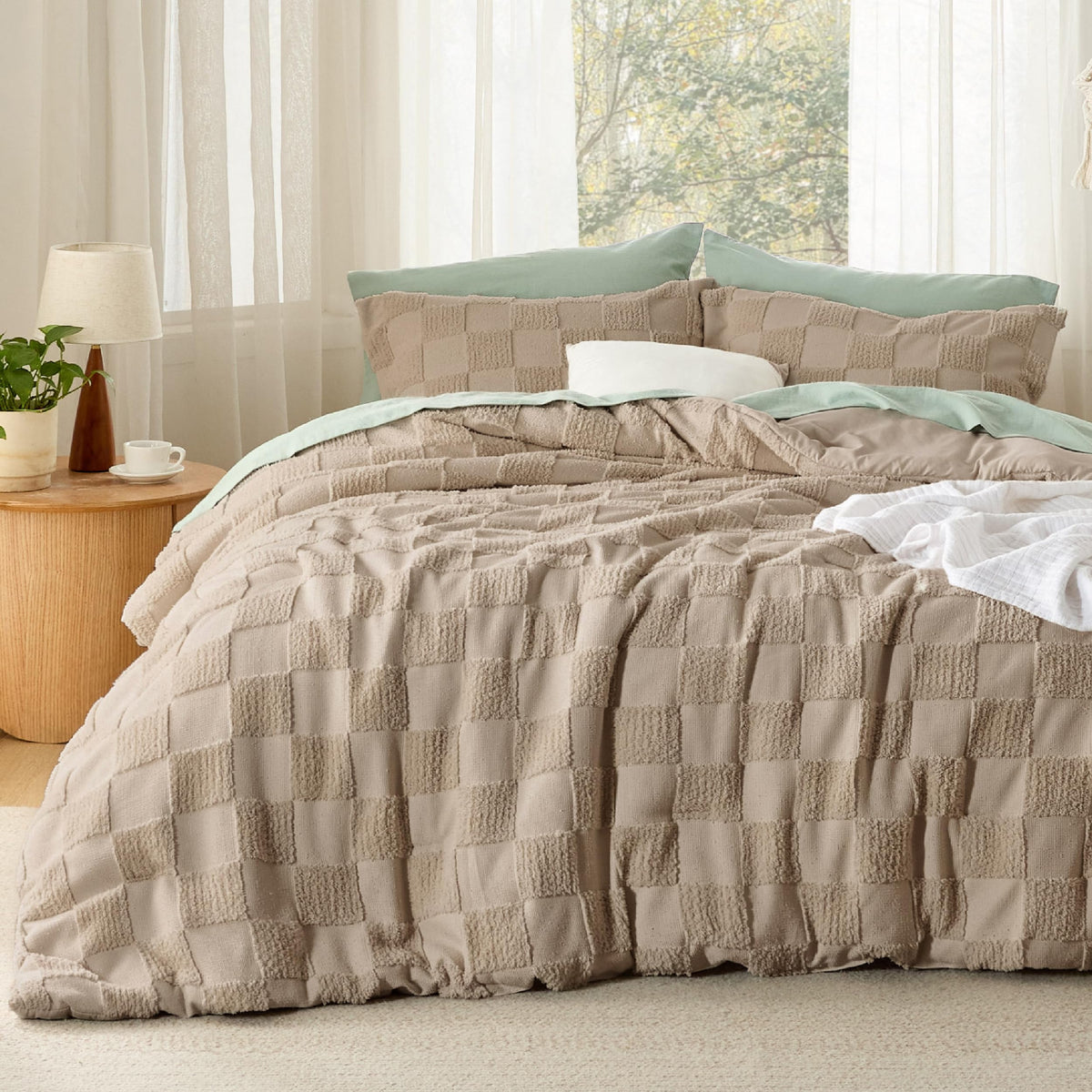 Bedsure Comforters Queen Set Boho, Vintage Plaid Bedding Set Beige 3 Pcs