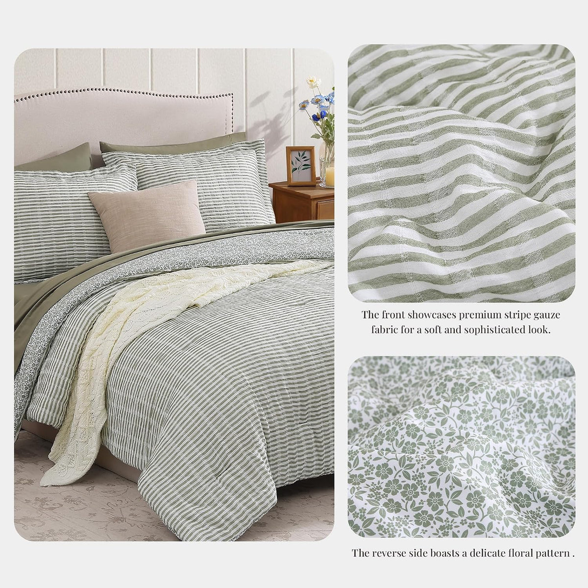 BLOOMHAVEN Queen Comforter Set-7 Pieces Green Plaid Floral Bedding Set