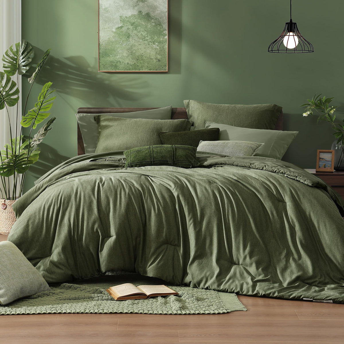 Monbix Queen Comforter Set 7 Pieces Cationic Green Bed in a Bag